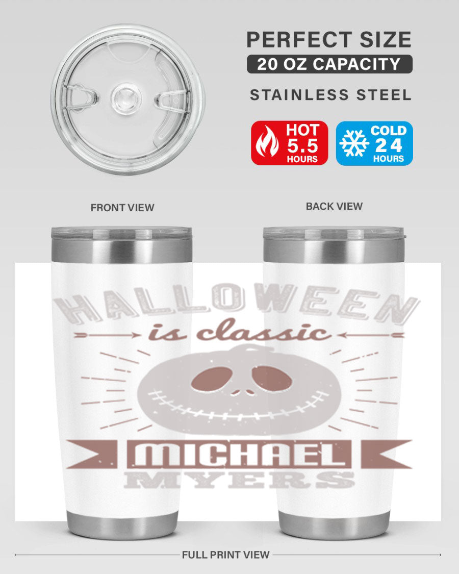 Halloween Classic Michael Myers 20oz Tumbler featuring a stainless steel design with a striking print of Michael Myers.