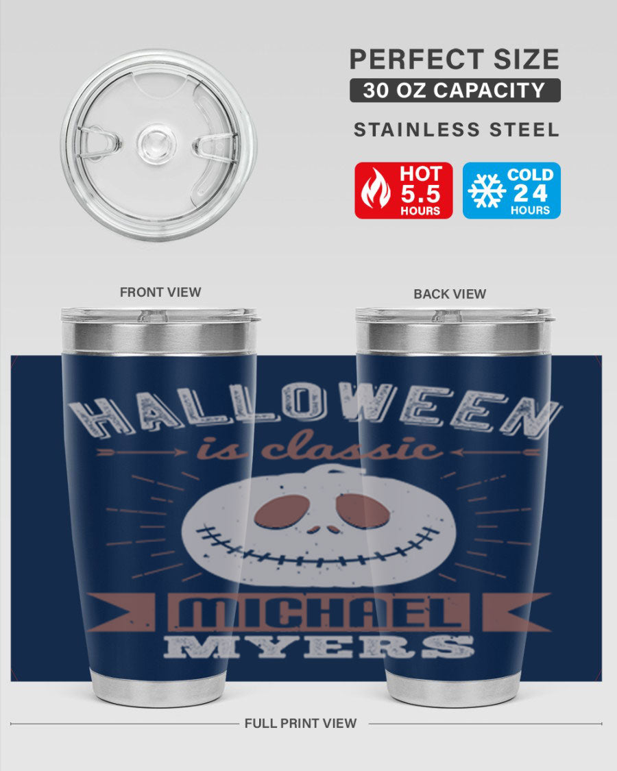 Halloween Classic Michael Myers 20oz Tumbler featuring a stainless steel design with a striking print of Michael Myers.