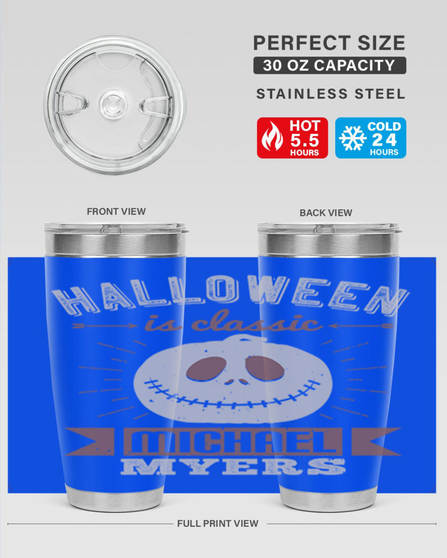 Halloween Classic Michael Myers 20oz Tumbler featuring a stainless steel design with a striking print of Michael Myers.
