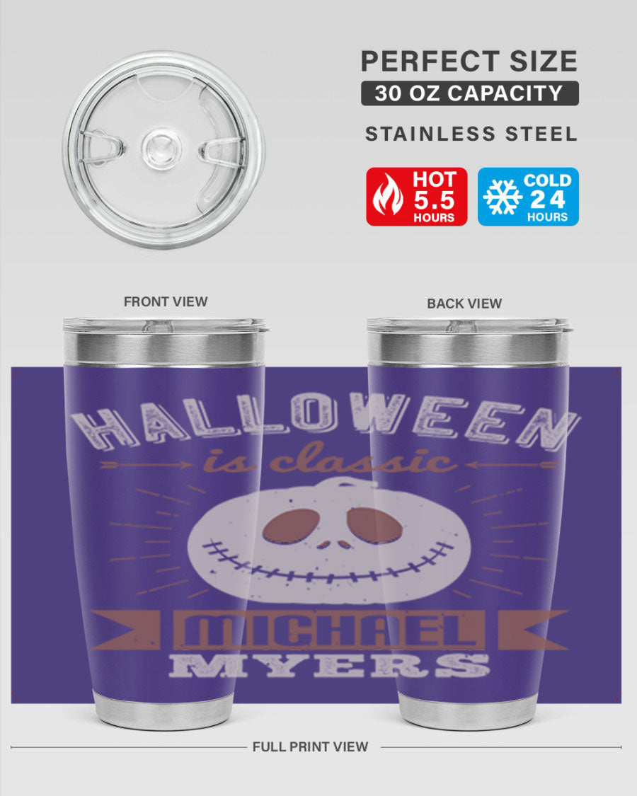 Halloween Classic Michael Myers 20oz Tumbler featuring a stainless steel design with a striking print of Michael Myers.