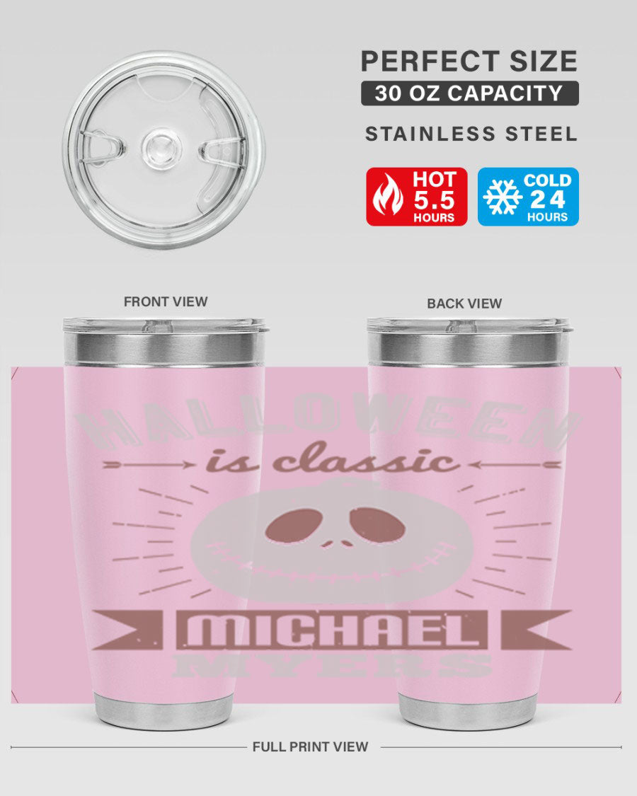 Halloween Classic Michael Myers 20oz Tumbler featuring a stainless steel design with a striking print of Michael Myers.