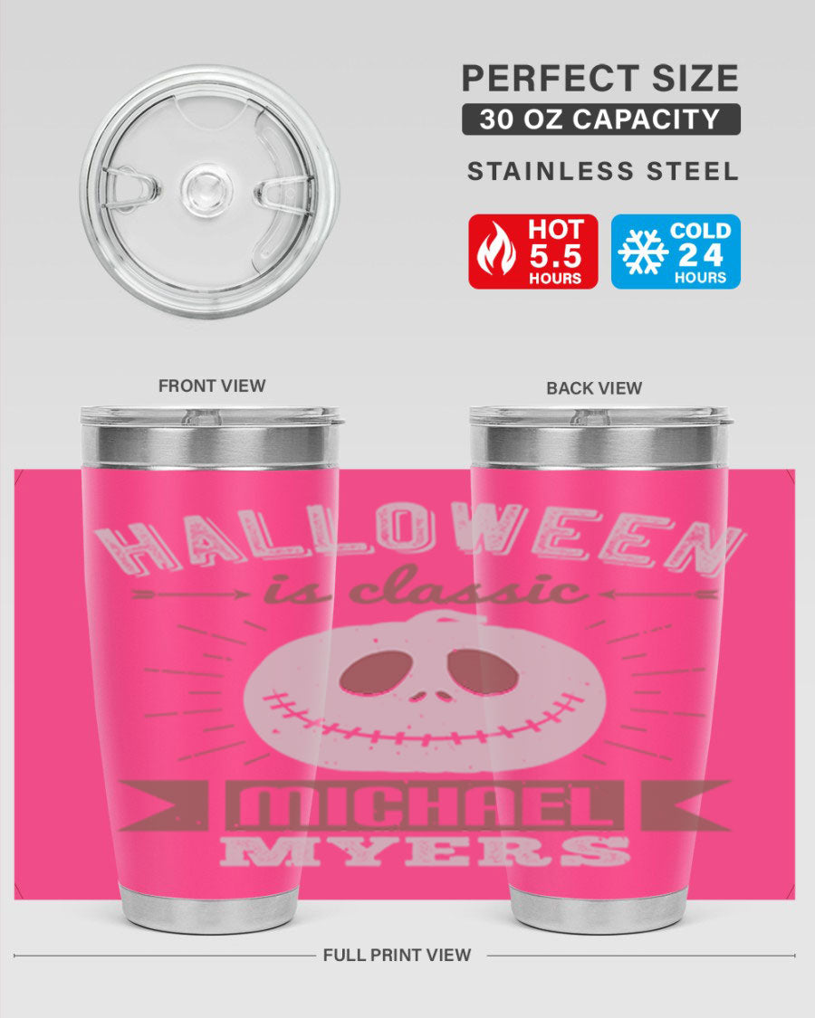 Halloween Classic Michael Myers 20oz Tumbler featuring a stainless steel design with a striking print of Michael Myers.