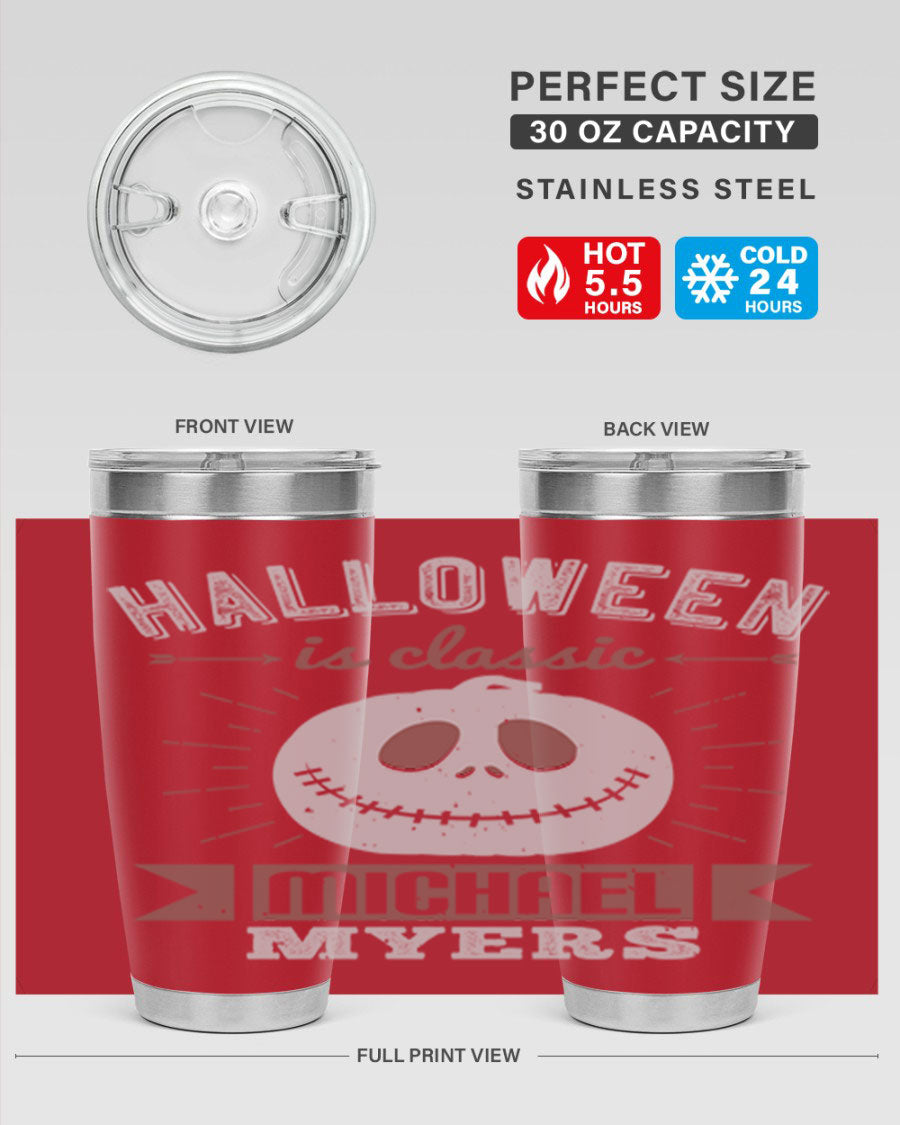 Halloween Classic Michael Myers 20oz Tumbler featuring a stainless steel design with a striking print of Michael Myers.