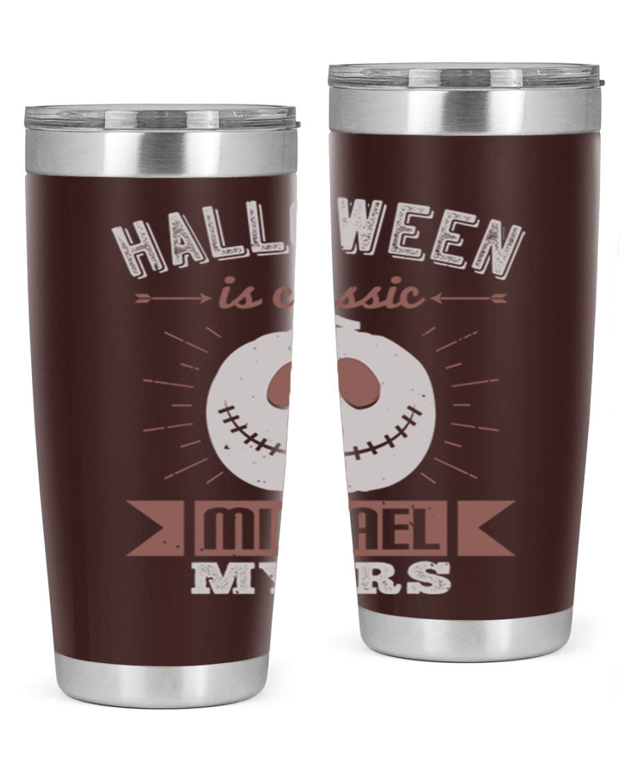 Halloween Classic Michael Myers 20oz Tumbler featuring a stainless steel design with a striking print of Michael Myers.