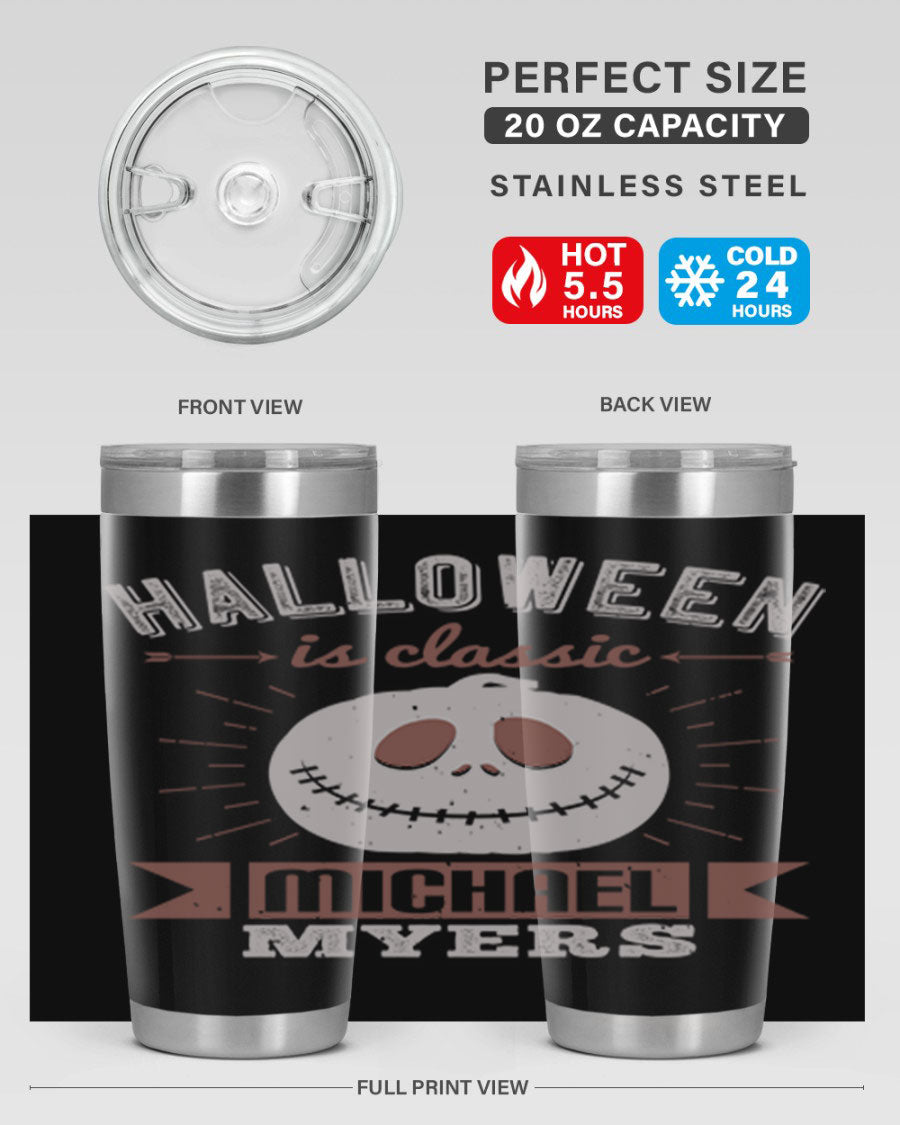 Halloween Classic Michael Myers 20oz Tumbler featuring a stainless steel design with a striking print of Michael Myers.