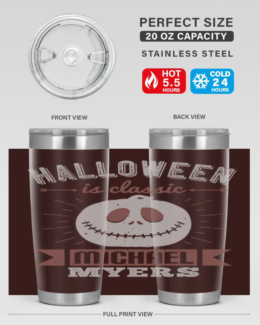 Halloween Classic Michael Myers 20oz Tumbler featuring a stainless steel design with a striking print of Michael Myers.