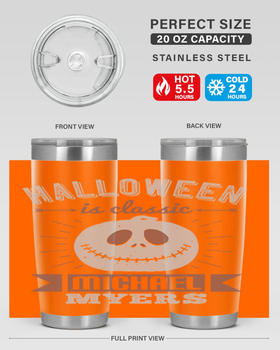 Halloween Classic Michael Myers 20oz Tumbler featuring a stainless steel design with a striking print of Michael Myers.