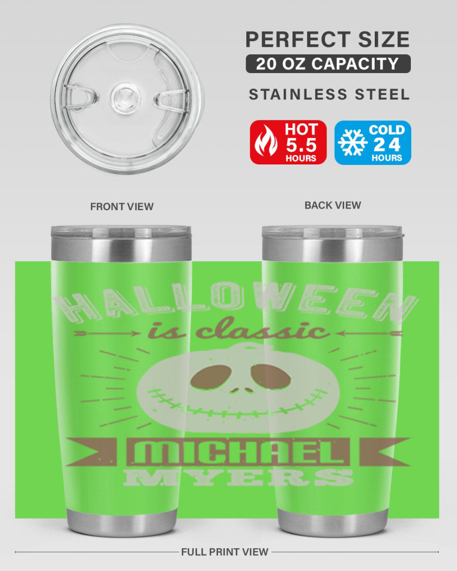 Halloween Classic Michael Myers 20oz Tumbler featuring a stainless steel design with a striking print of Michael Myers.