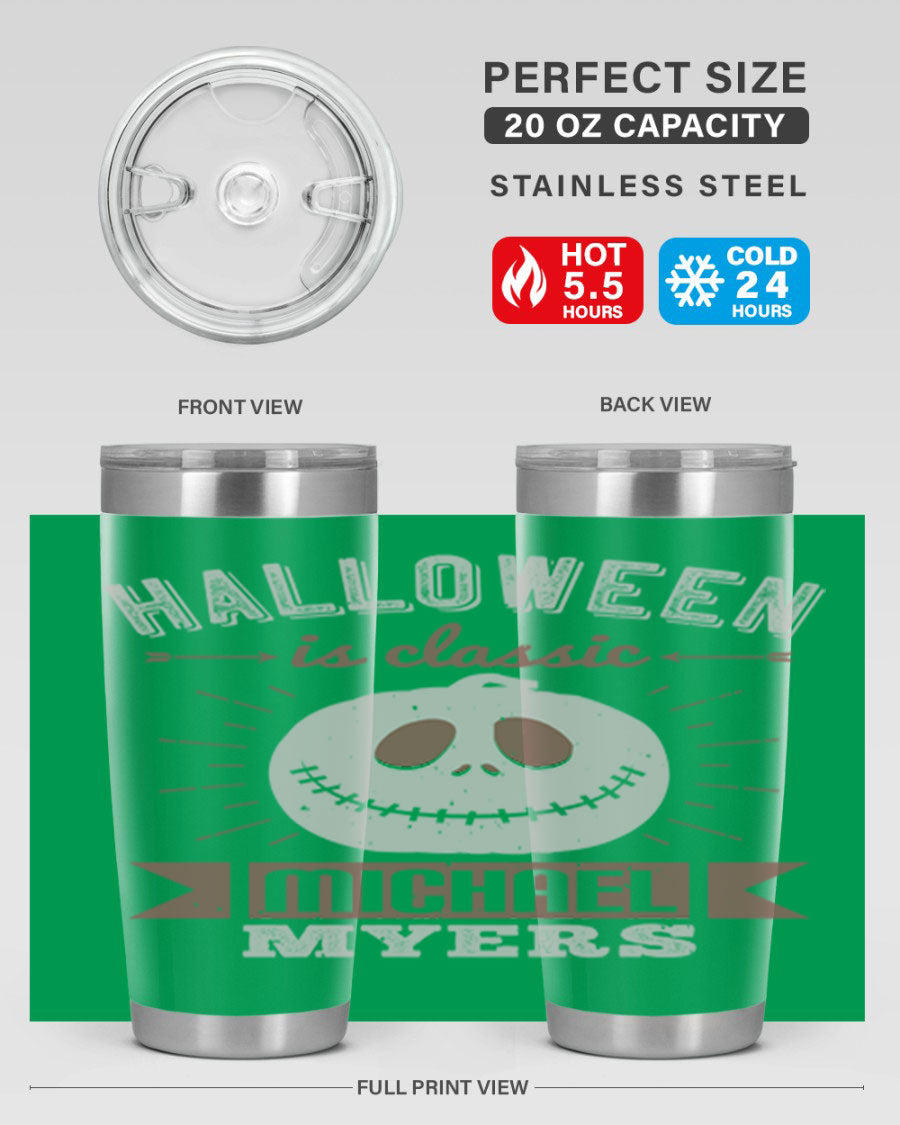 Halloween Classic Michael Myers 20oz Tumbler featuring a stainless steel design with a striking print of Michael Myers.