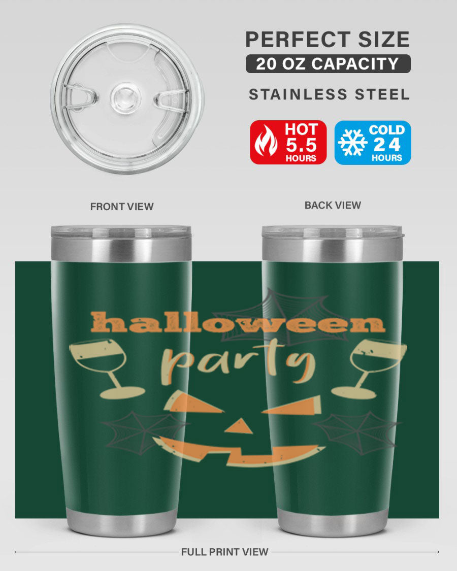 20oz Halloween Party Tumbler made of stainless steel with a festive design, perfect for hot and cold beverages.
