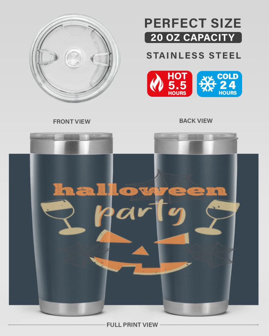 20oz Halloween Party Tumbler made of stainless steel with a festive design, perfect for hot and cold beverages.