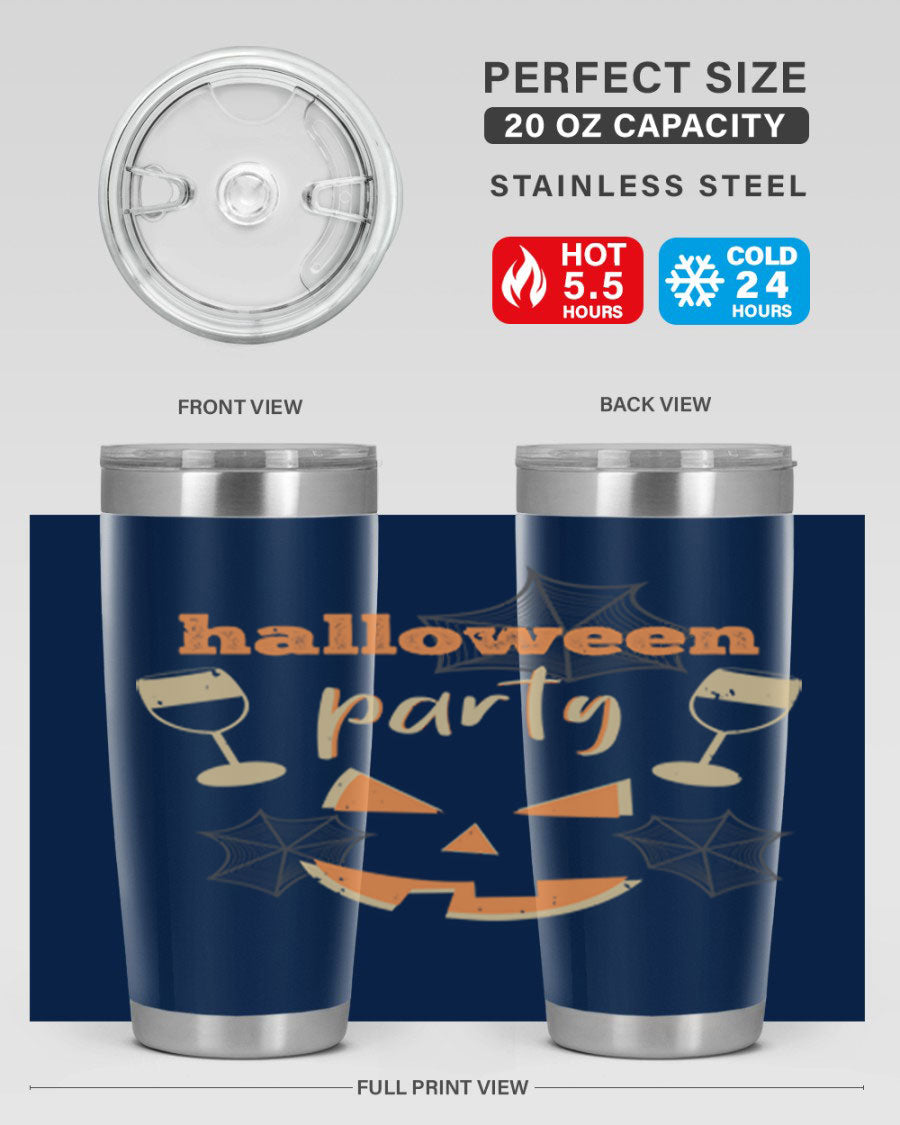 20oz Halloween Party Tumbler made of stainless steel with a festive design, perfect for hot and cold beverages.