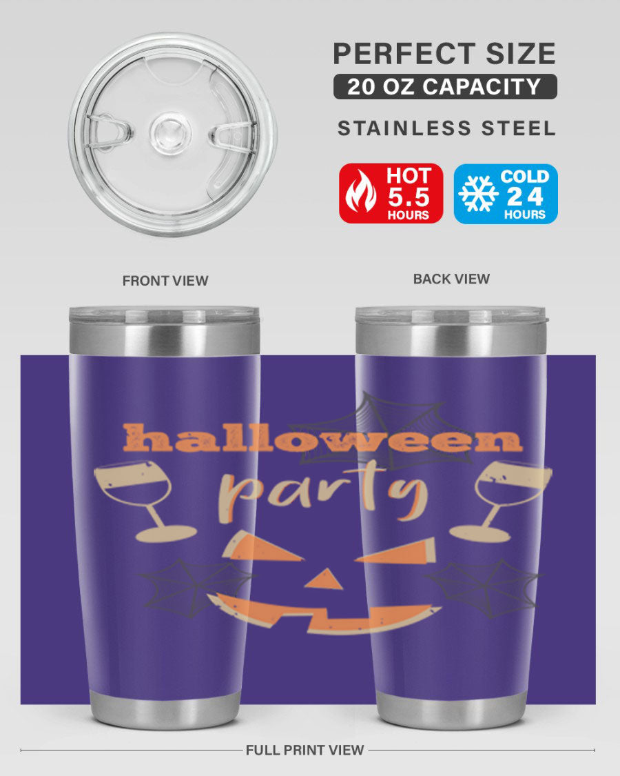 20oz Halloween Party Tumbler made of stainless steel with a festive design, perfect for hot and cold beverages.