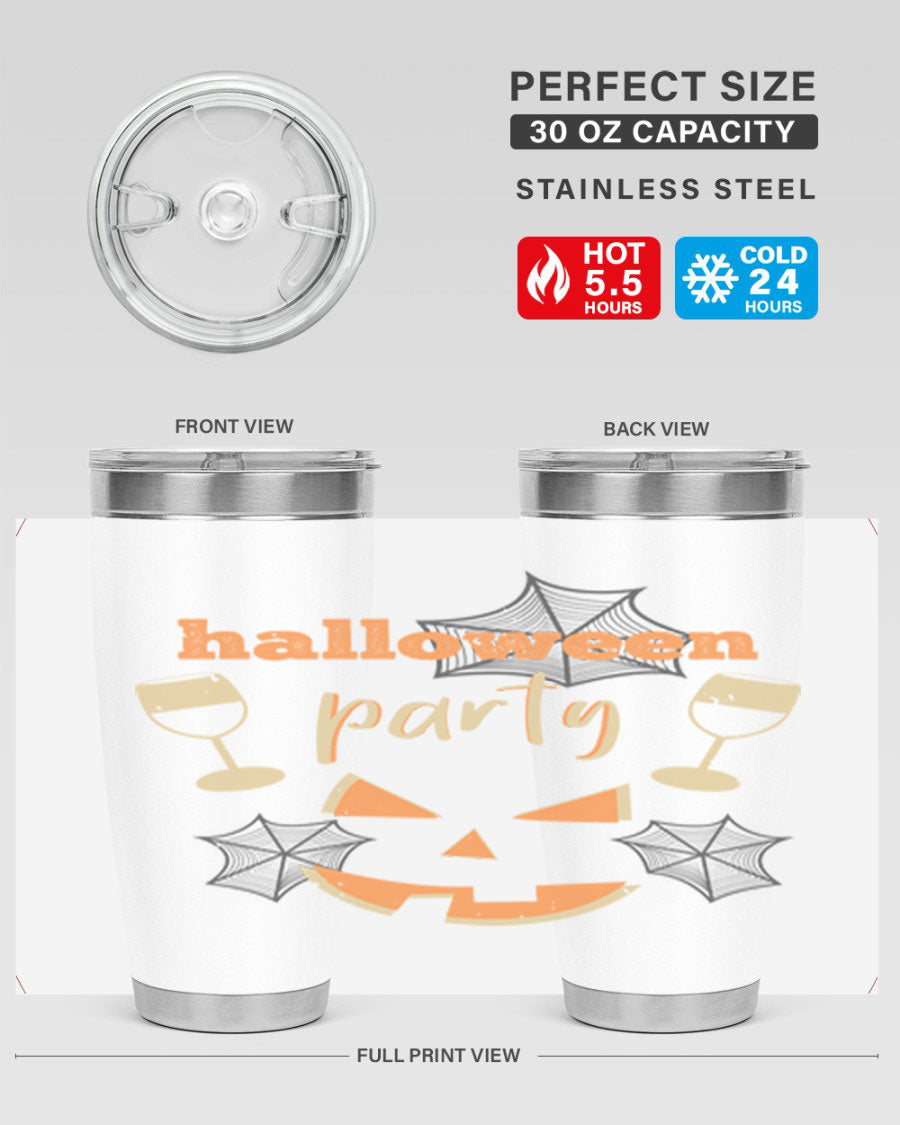 20oz Halloween Party Tumbler made of stainless steel with a festive design, perfect for hot and cold beverages.