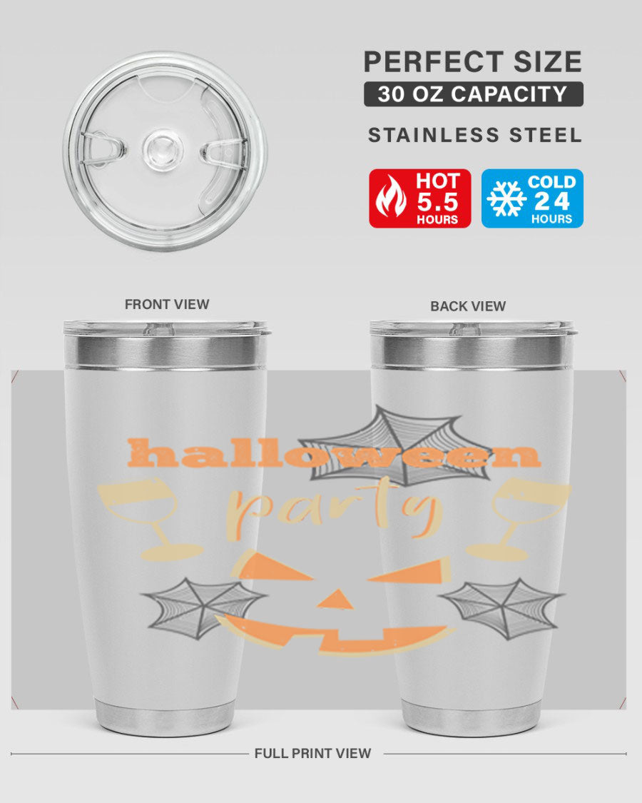 20oz Halloween Party Tumbler made of stainless steel with a festive design, perfect for hot and cold beverages.
