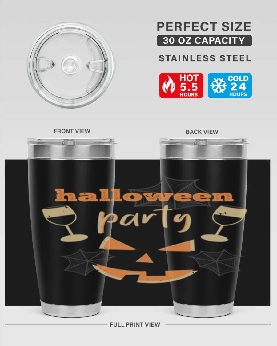 20oz Halloween Party Tumbler made of stainless steel with a festive design, perfect for hot and cold beverages.