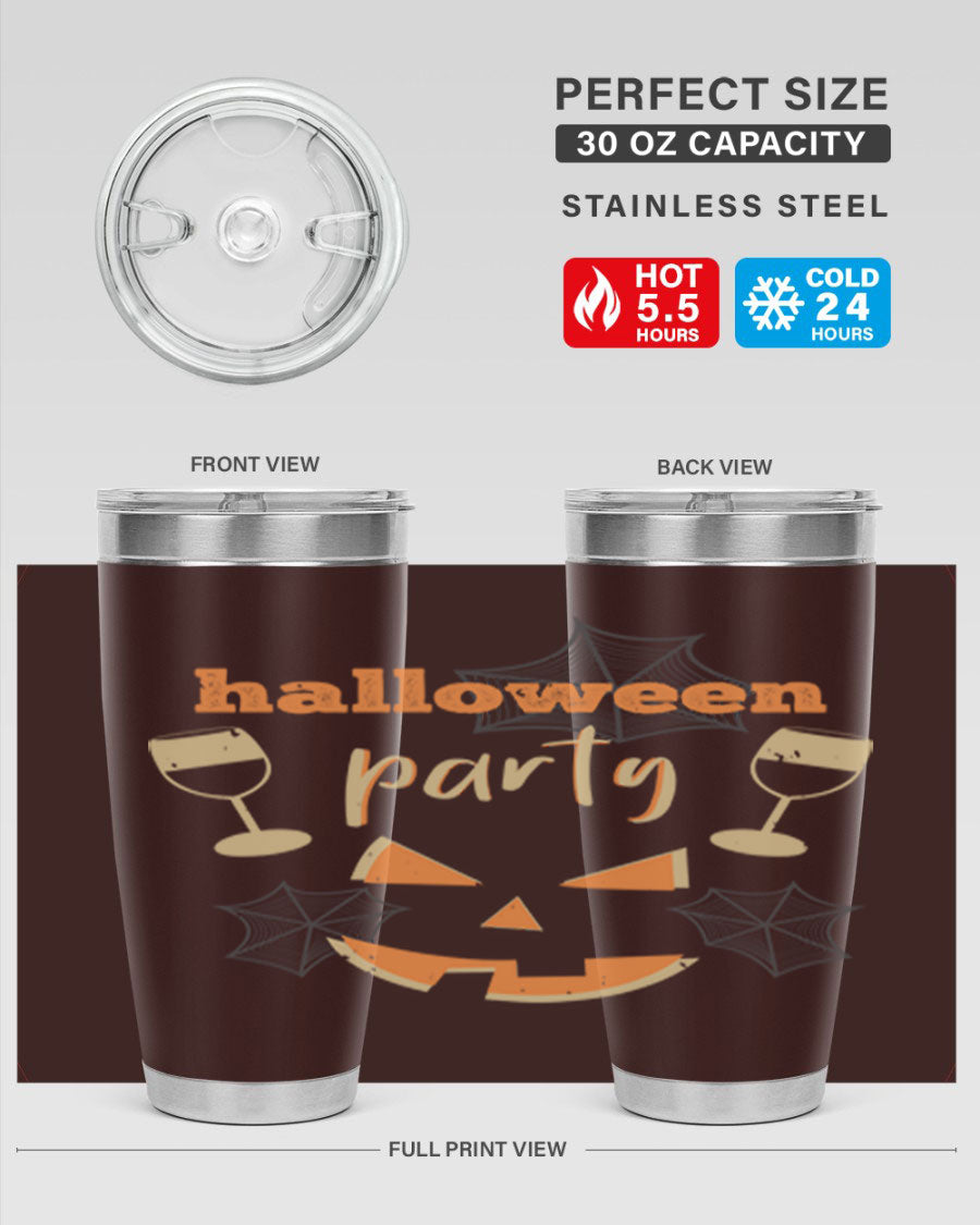 20oz Halloween Party Tumbler made of stainless steel with a festive design, perfect for hot and cold beverages.
