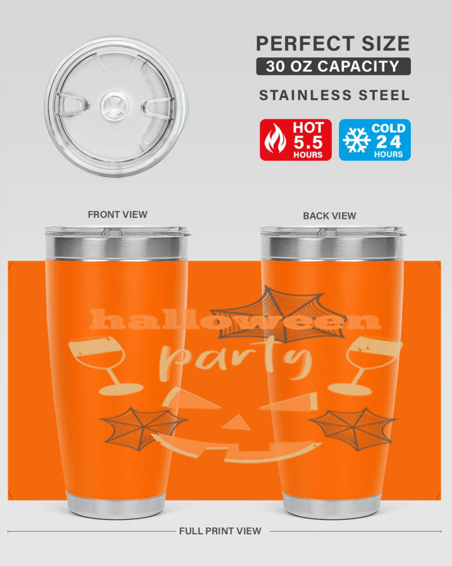 20oz Halloween Party Tumbler made of stainless steel with a festive design, perfect for hot and cold beverages.