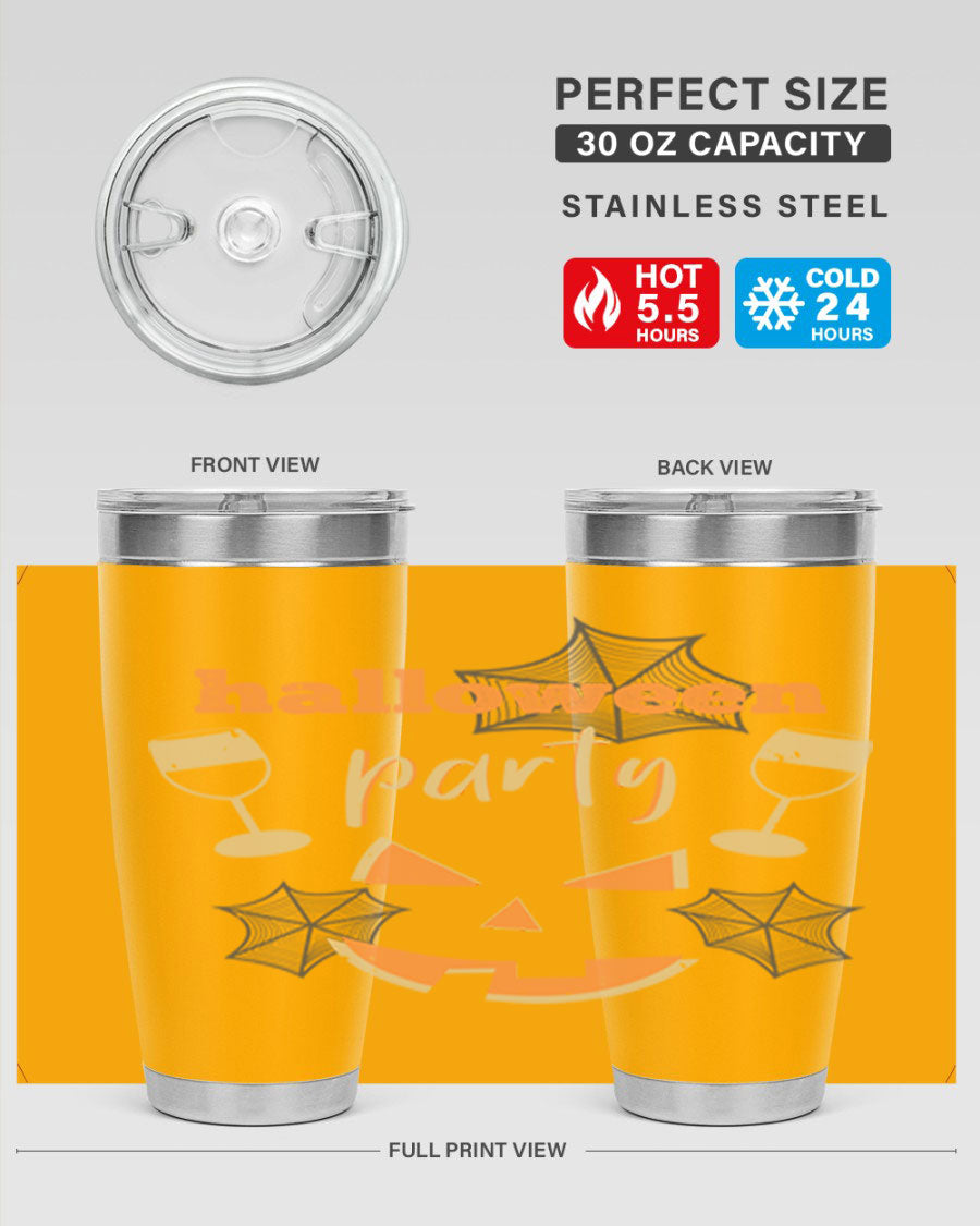 20oz Halloween Party Tumbler made of stainless steel with a festive design, perfect for hot and cold beverages.