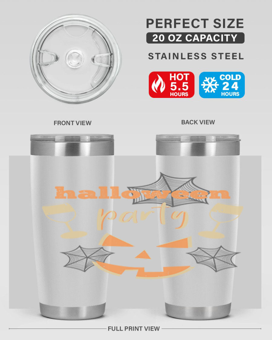 20oz Halloween Party Tumbler made of stainless steel with a festive design, perfect for hot and cold beverages.