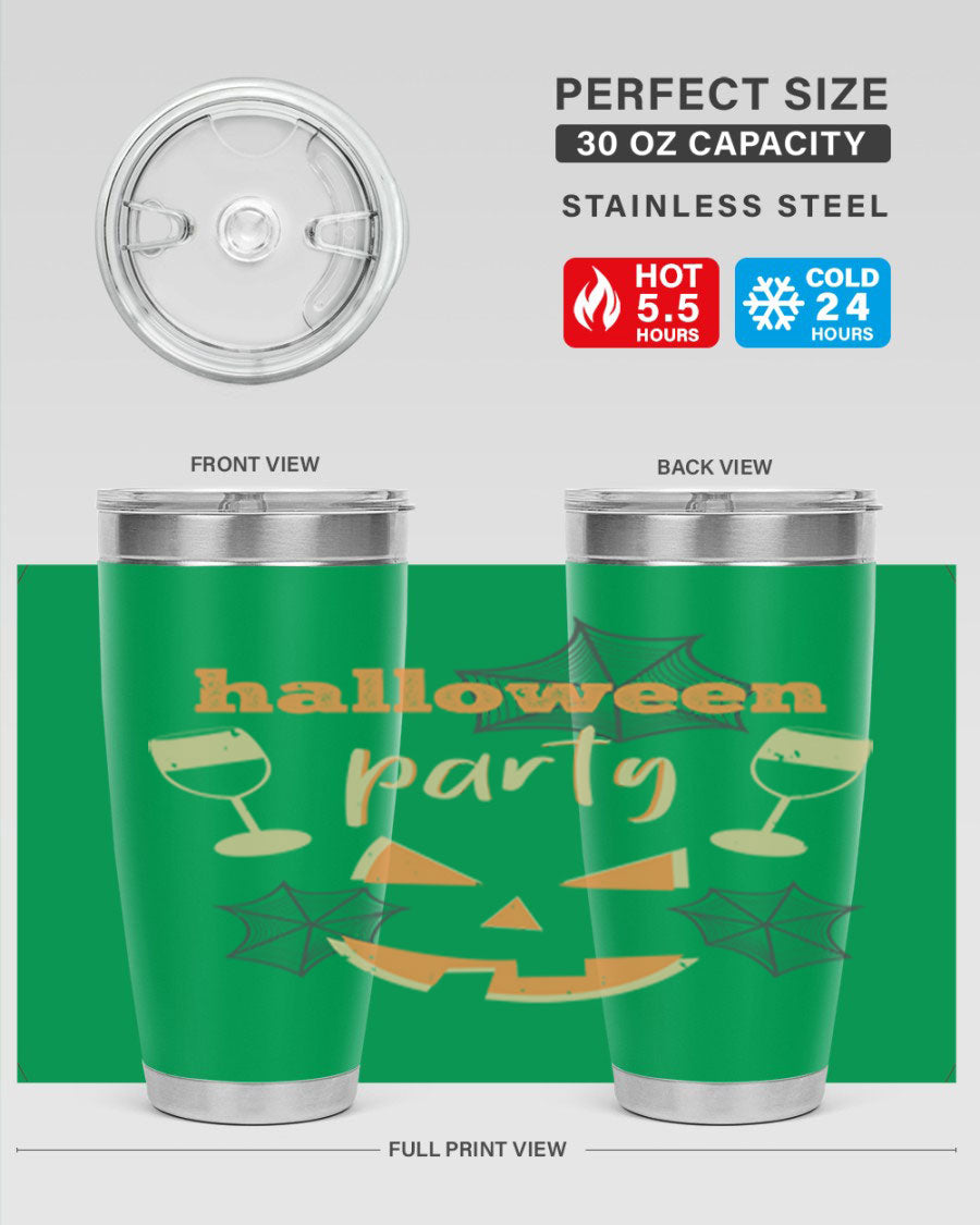 20oz Halloween Party Tumbler made of stainless steel with a festive design, perfect for hot and cold beverages.