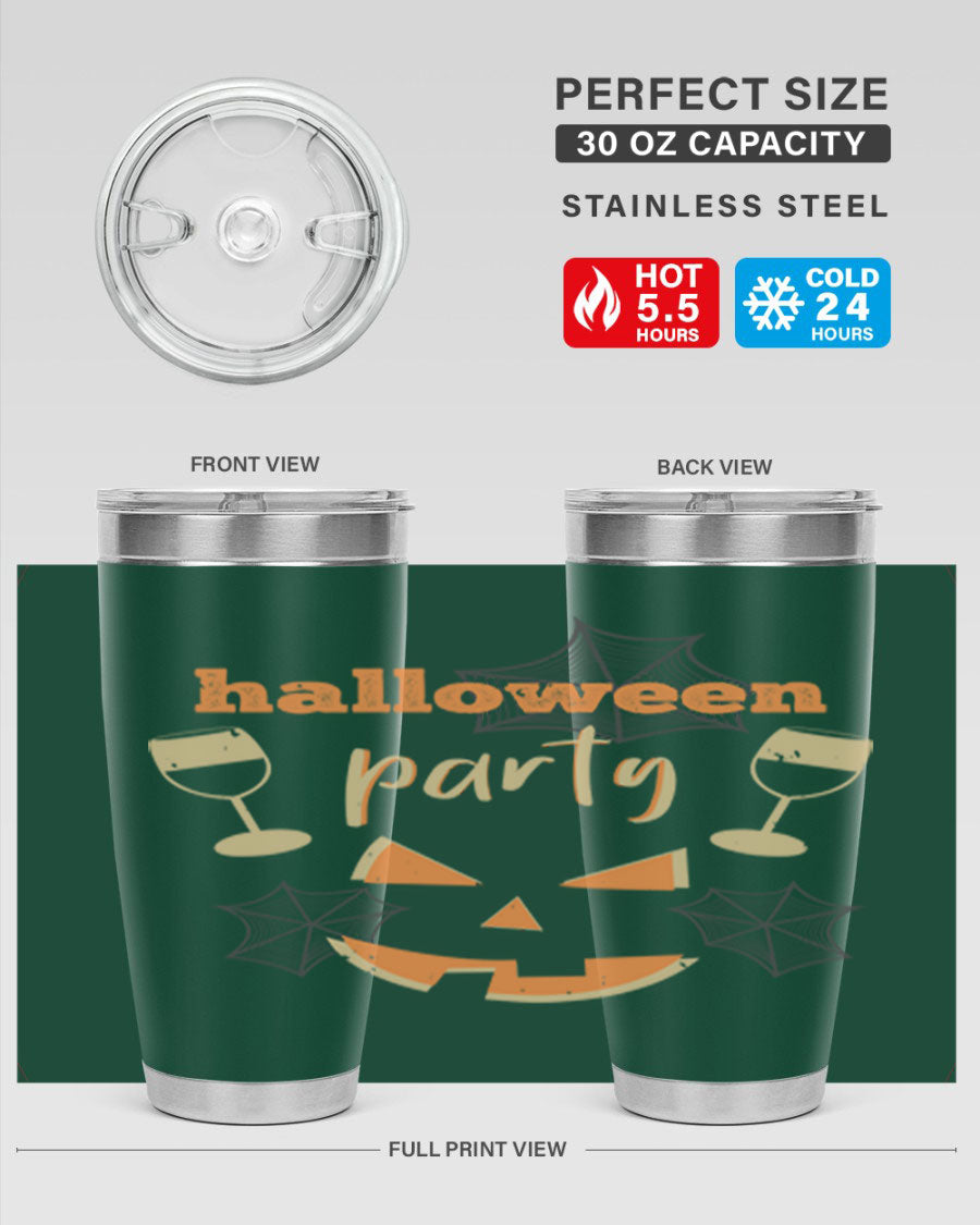 20oz Halloween Party Tumbler made of stainless steel with a festive design, perfect for hot and cold beverages.