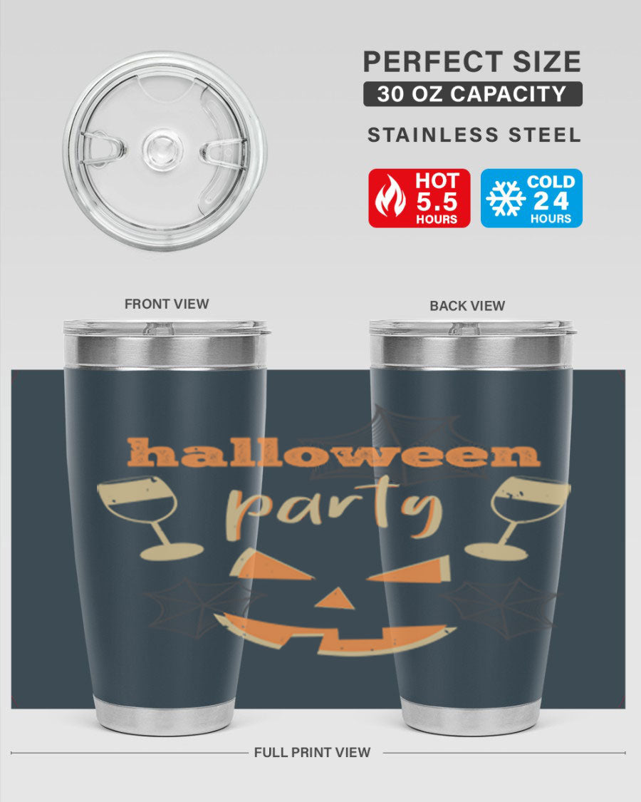 20oz Halloween Party Tumbler made of stainless steel with a festive design, perfect for hot and cold beverages.