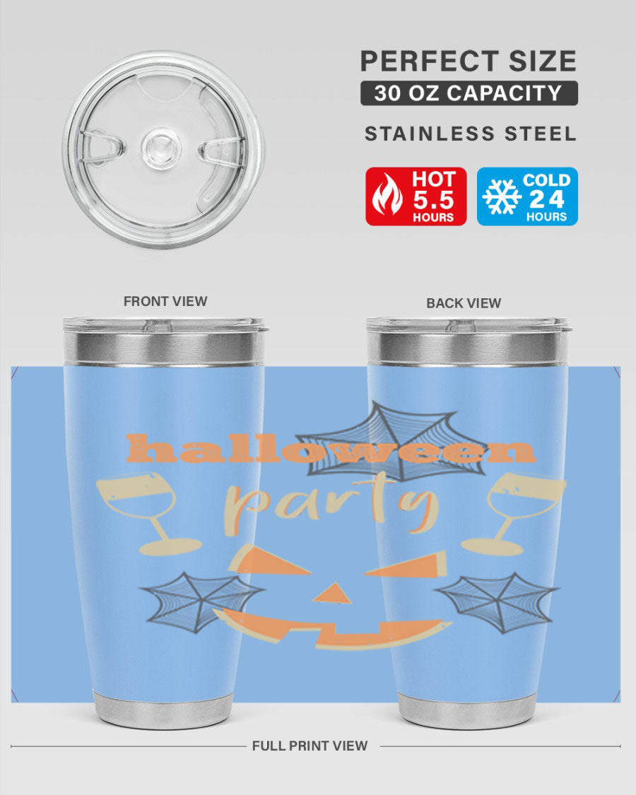 20oz Halloween Party Tumbler made of stainless steel with a festive design, perfect for hot and cold beverages.