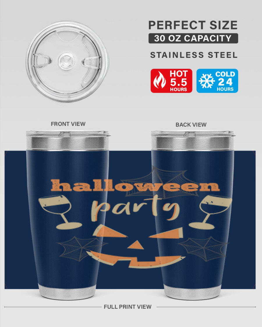 20oz Halloween Party Tumbler made of stainless steel with a festive design, perfect for hot and cold beverages.