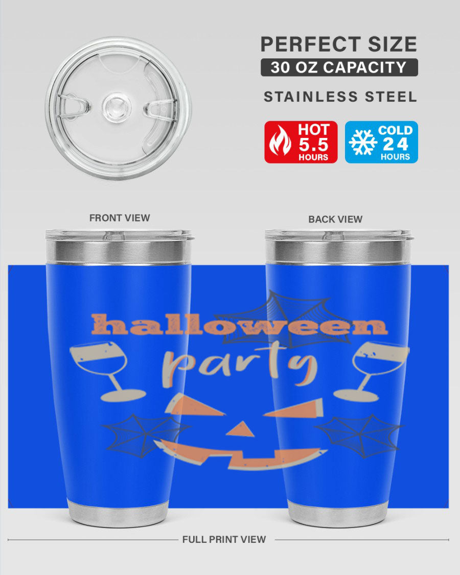 20oz Halloween Party Tumbler made of stainless steel with a festive design, perfect for hot and cold beverages.
