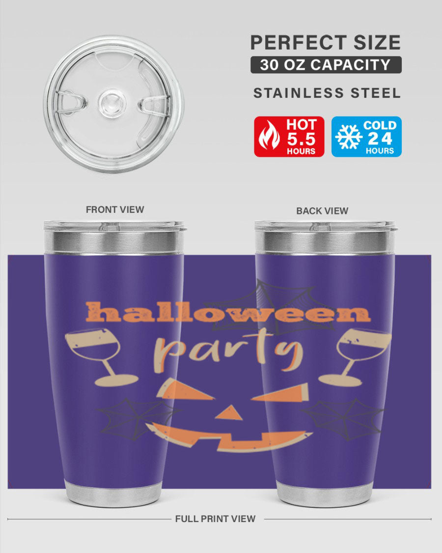 20oz Halloween Party Tumbler made of stainless steel with a festive design, perfect for hot and cold beverages.