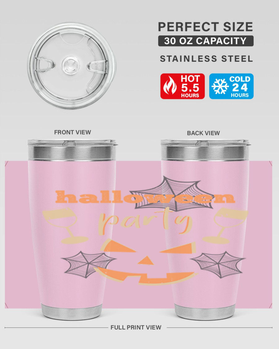 20oz Halloween Party Tumbler made of stainless steel with a festive design, perfect for hot and cold beverages.