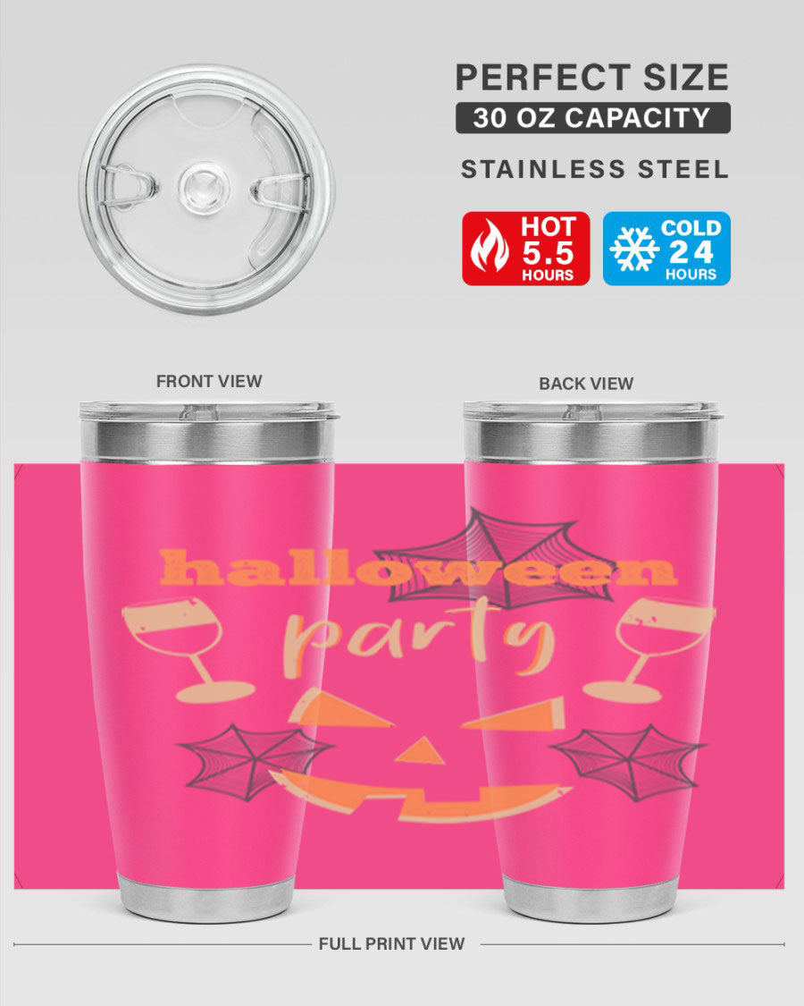 20oz Halloween Party Tumbler made of stainless steel with a festive design, perfect for hot and cold beverages.