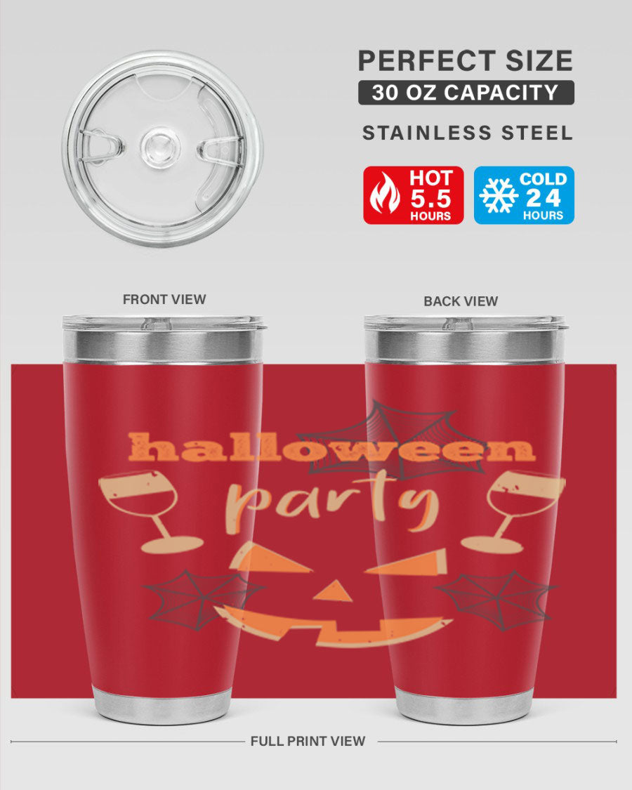 20oz Halloween Party Tumbler made of stainless steel with a festive design, perfect for hot and cold beverages.