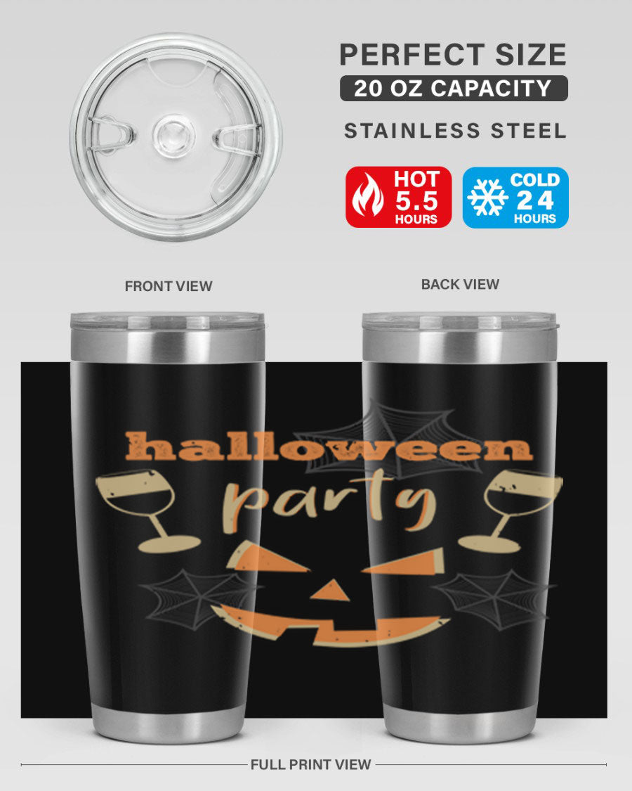 20oz Halloween Party Tumbler made of stainless steel with a festive design, perfect for hot and cold beverages.