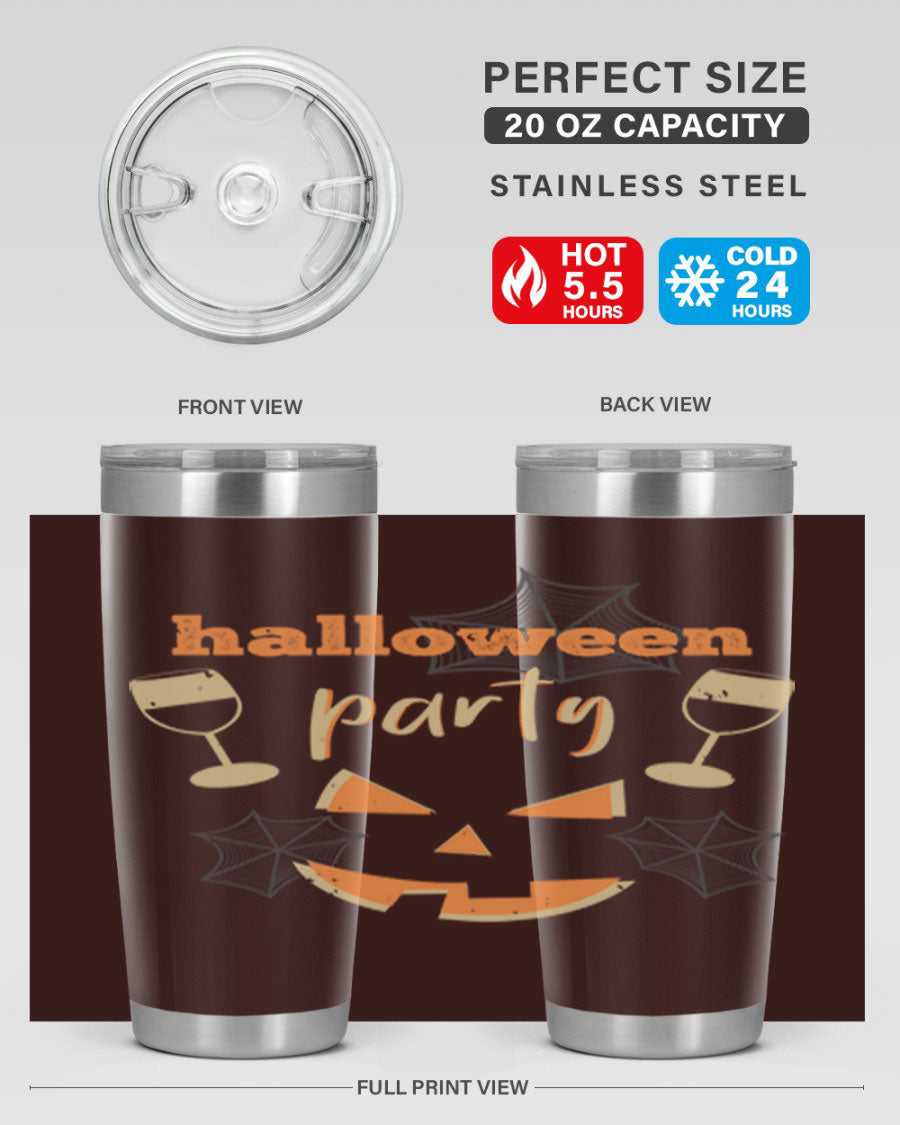 20oz Halloween Party Tumbler made of stainless steel with a festive design, perfect for hot and cold beverages.
