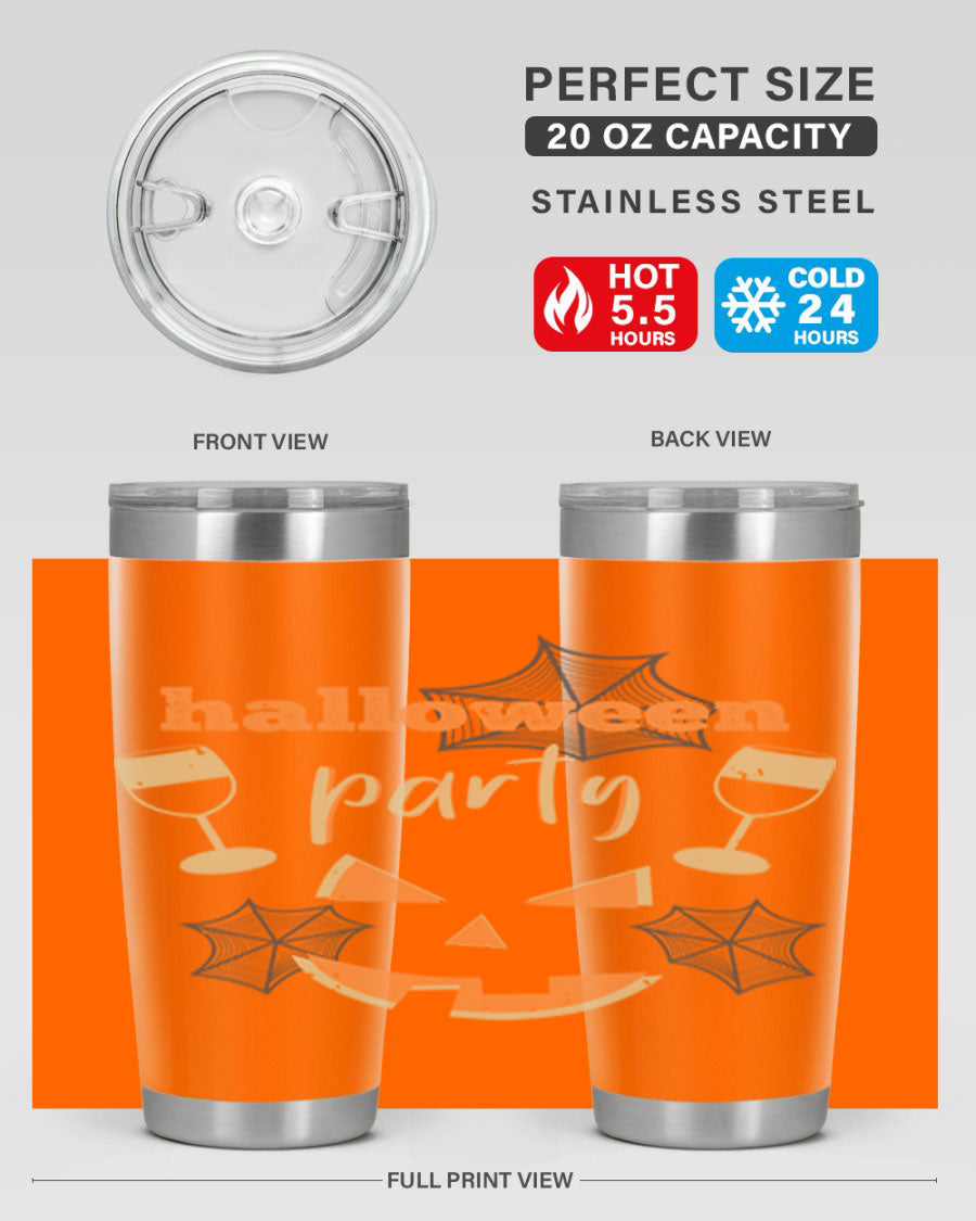 20oz Halloween Party Tumbler made of stainless steel with a festive design, perfect for hot and cold beverages.