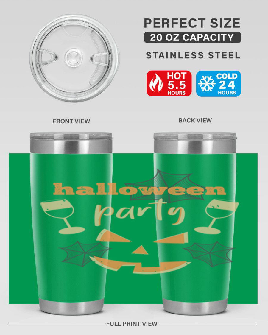 20oz Halloween Party Tumbler made of stainless steel with a festive design, perfect for hot and cold beverages.