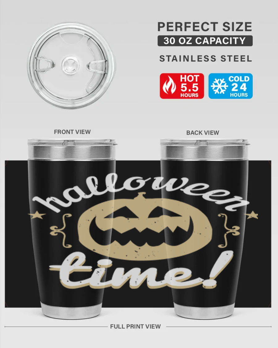 Halloween Time 157# Tumbler featuring a double wall vacuum design, perfect for keeping drinks hot or cold, with a festive Halloween theme.