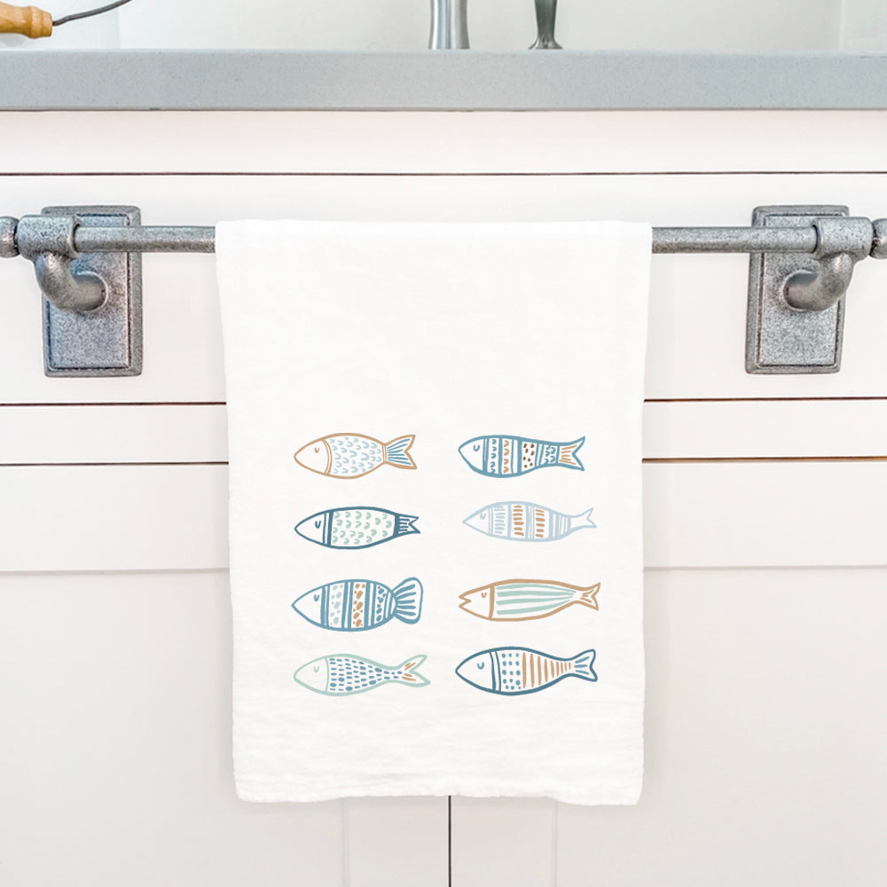 Hand Drawn Fish Cotton Tea Towel featuring a vibrant fish design, made from 100% absorbent cotton, perfect for kitchen use.