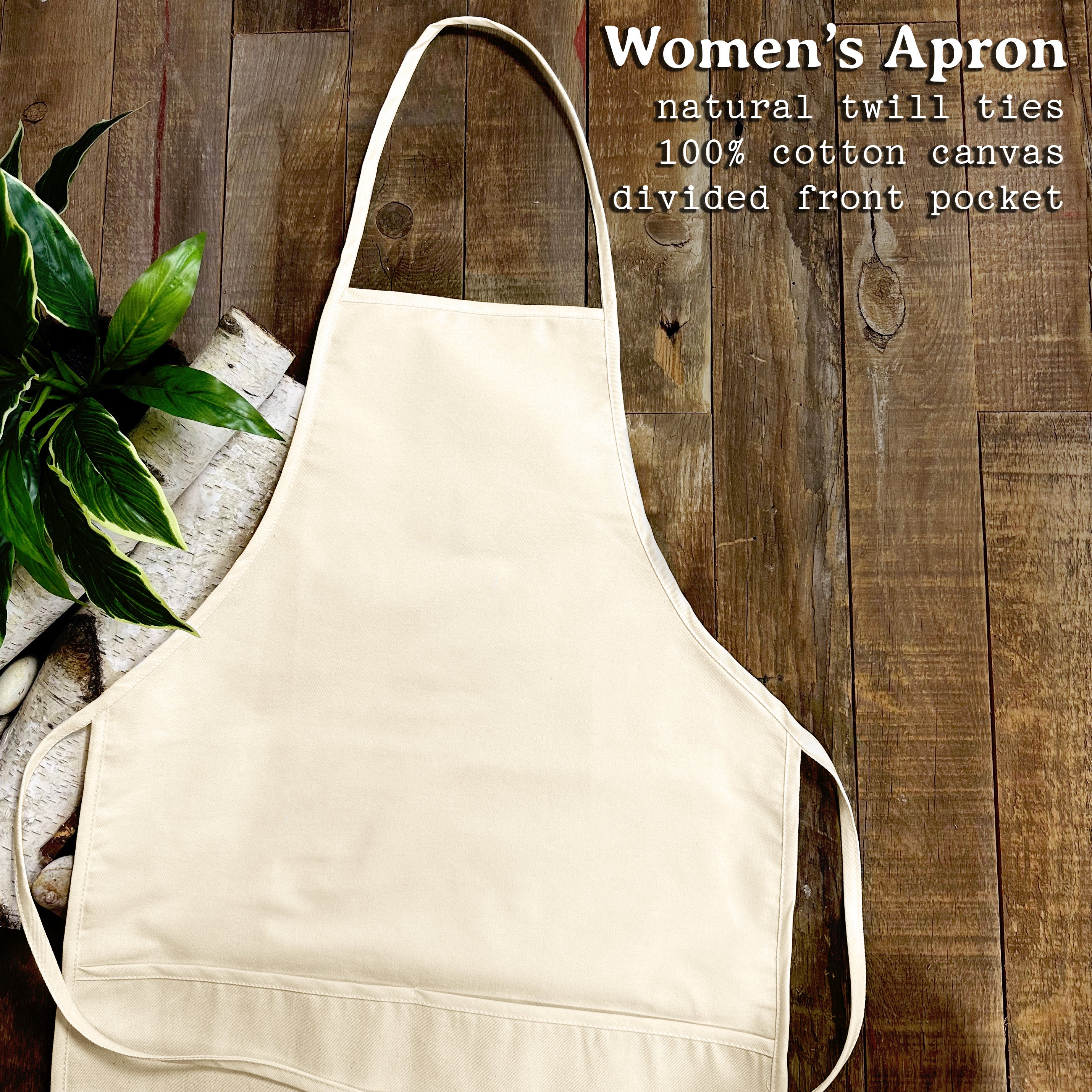 A stylish women's apron featuring a hand-drawn pinecone design, made from durable cotton canvas with natural twill ties.