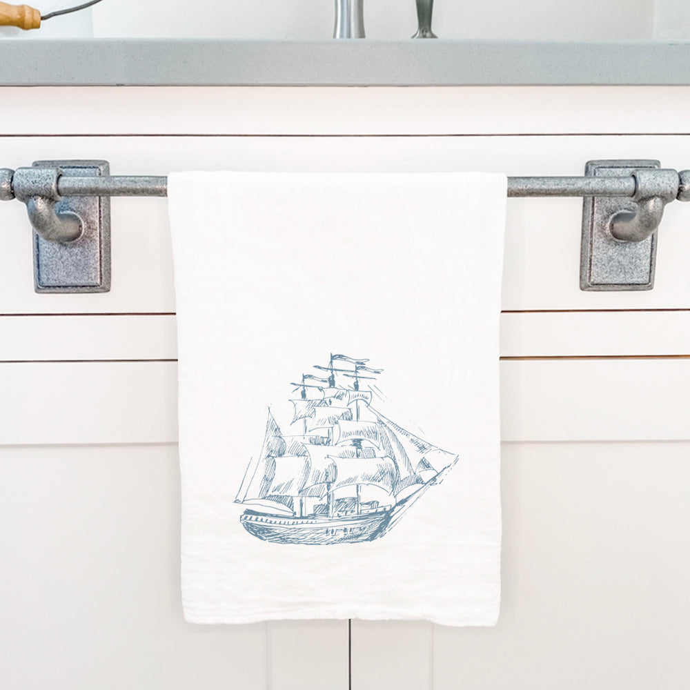 Hand Drawn Ship cotton tea towel featuring a vibrant nautical design, made from 100% absorbent cotton.