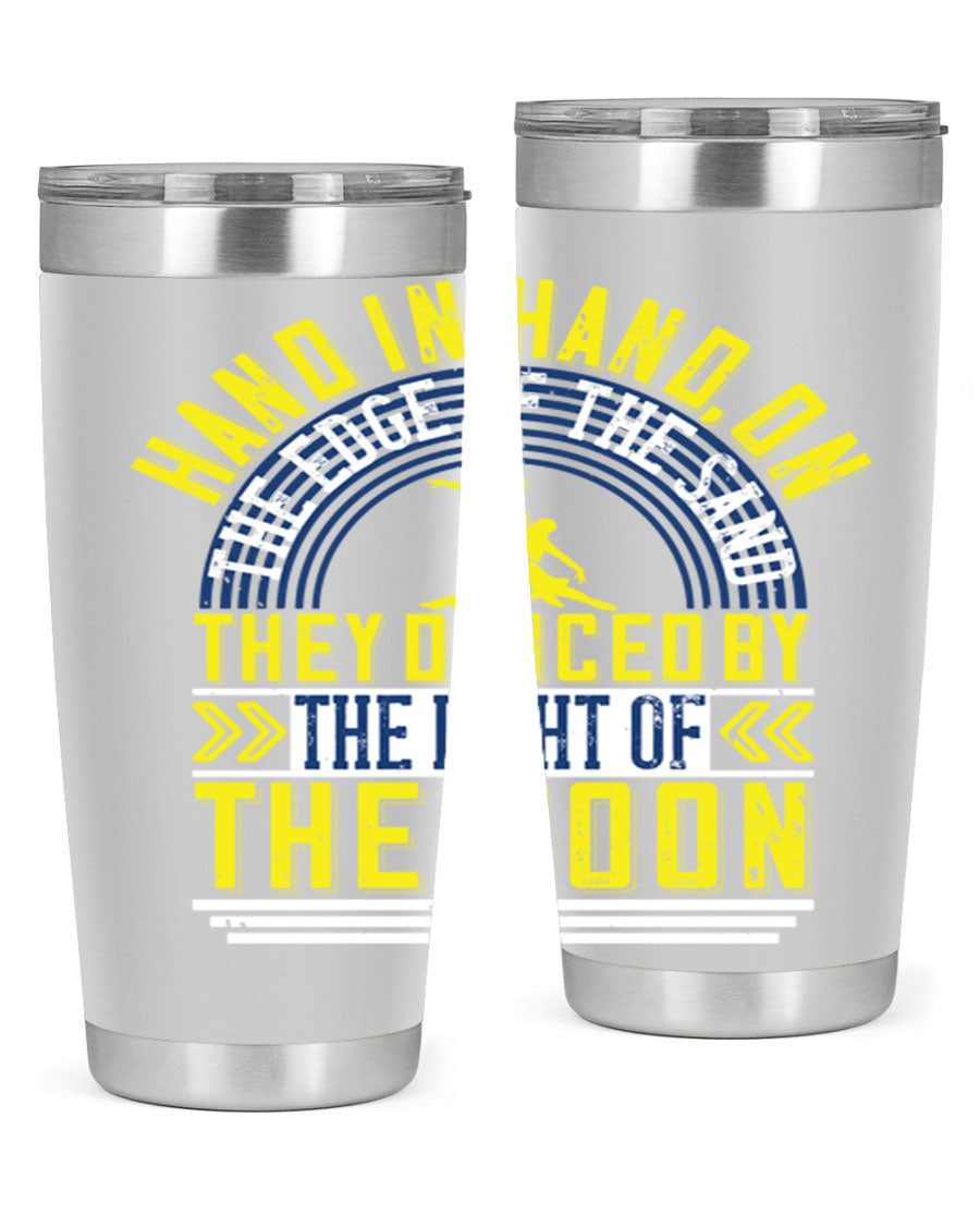 Hand in Hand on the Edge of the Sand Tumbler, a stylish double wall vacuum stainless steel drinkware with a press-in lid.