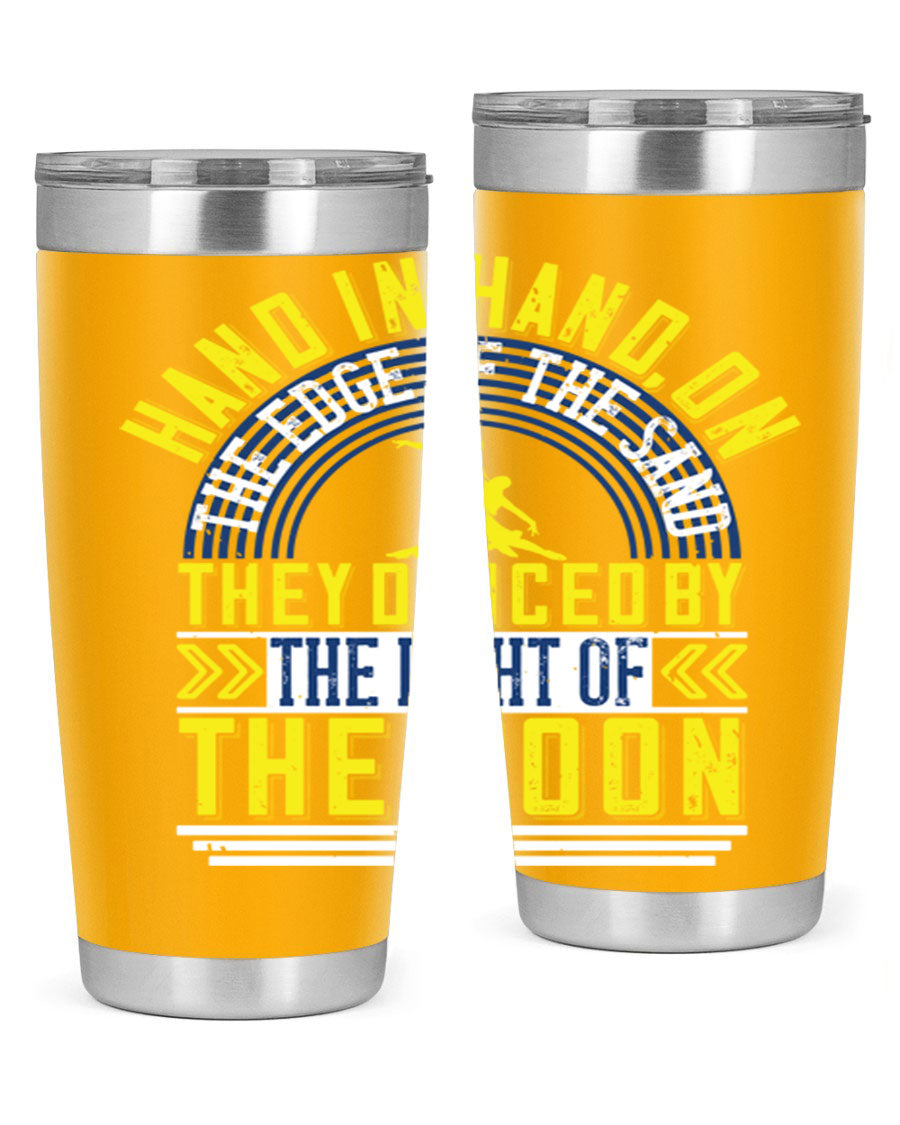 Hand in Hand on the Edge of the Sand Tumbler, a stylish double wall vacuum stainless steel drinkware with a press-in lid.