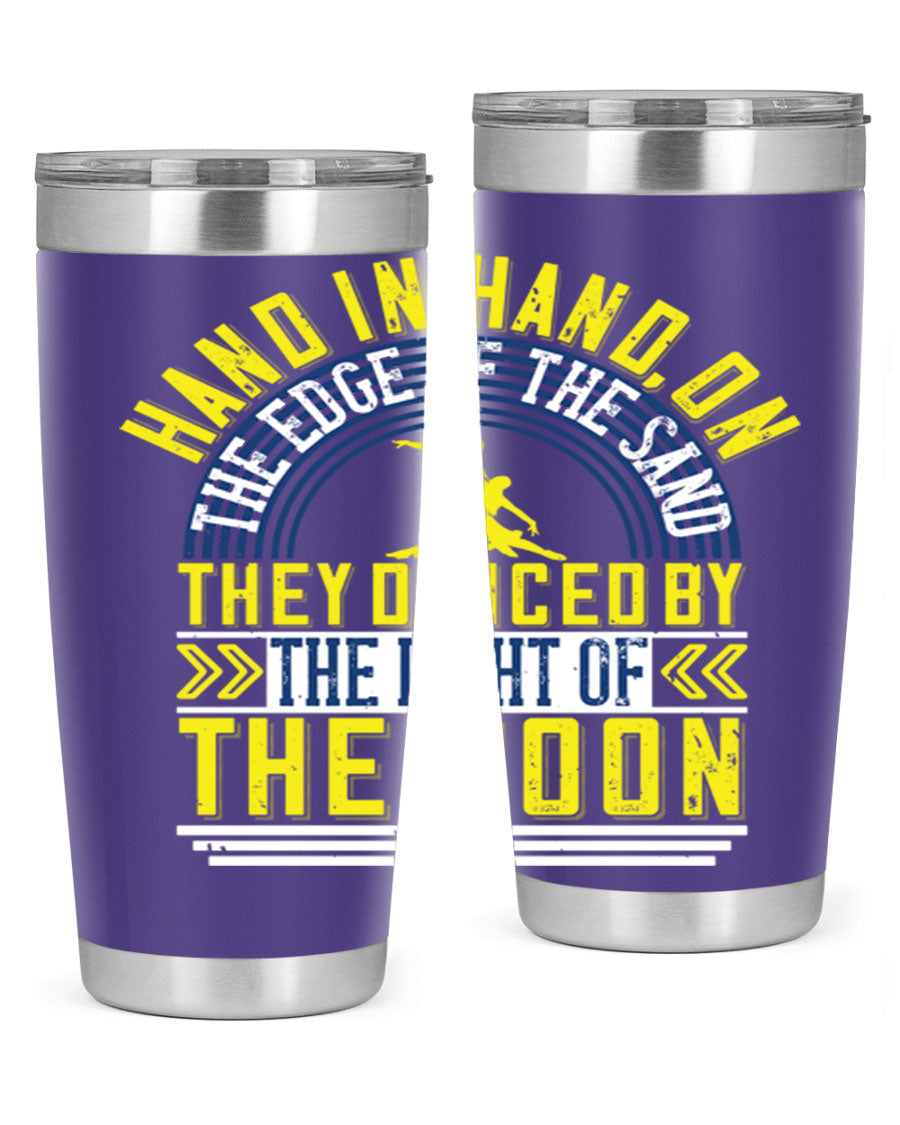 Hand in Hand on the Edge of the Sand Tumbler, a stylish double wall vacuum stainless steel drinkware with a press-in lid.