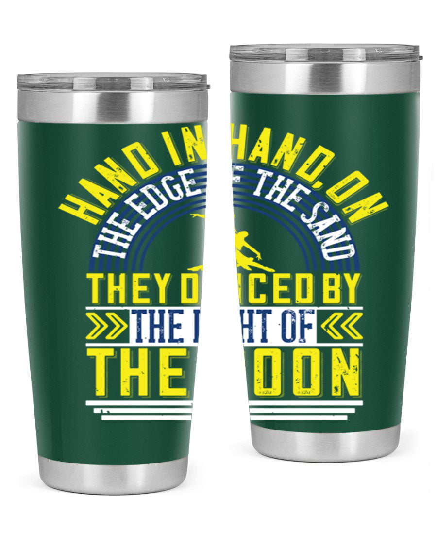 Hand in Hand on the Edge of the Sand Tumbler, a stylish double wall vacuum stainless steel drinkware with a press-in lid.