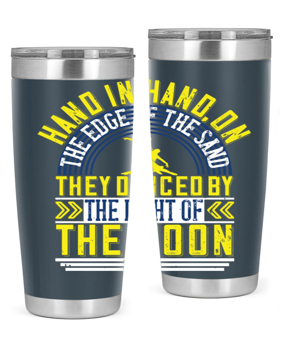 Hand in Hand on the Edge of the Sand Tumbler, a stylish double wall vacuum stainless steel drinkware with a press-in lid.