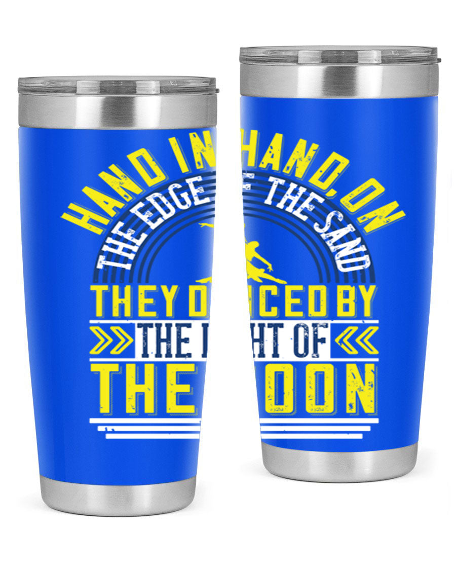 Hand in Hand on the Edge of the Sand Tumbler, a stylish double wall vacuum stainless steel drinkware with a press-in lid.