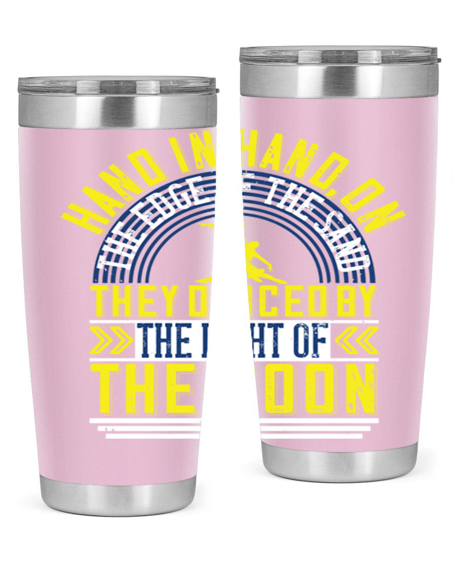 Hand in Hand on the Edge of the Sand Tumbler, a stylish double wall vacuum stainless steel drinkware with a press-in lid.