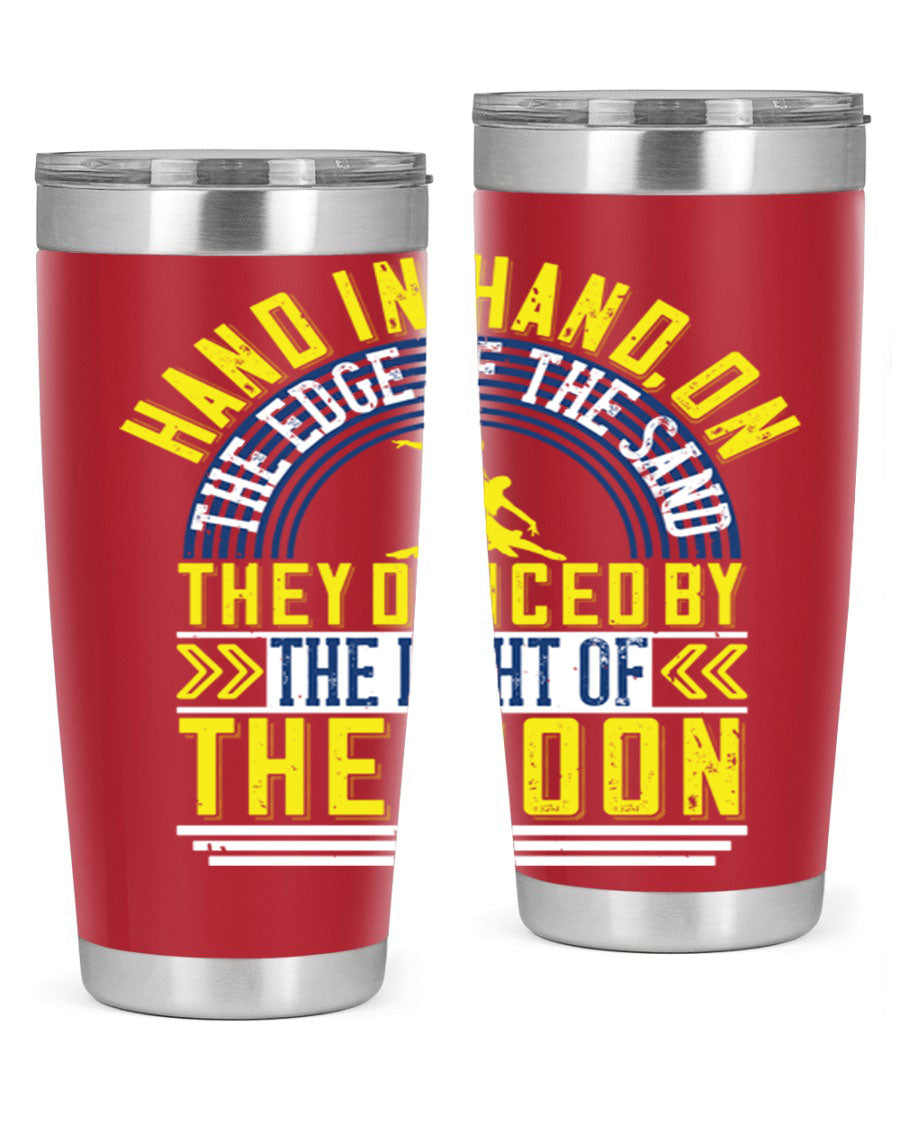 Hand in Hand on the Edge of the Sand Tumbler, a stylish double wall vacuum stainless steel drinkware with a press-in lid.